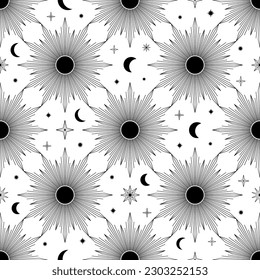 Hand drawn seamless pattern of Sun, Moon, sunburst, stars. Mystical celestial bursting sun rays vector. Magic space galaxy sketch illustration for greeting card, wallpaper, wrapping paper, fabric