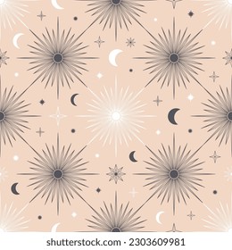 Hand drawn seamless pattern of Sun, Moon, sunburst, stars. Mystical celestial bursting sun rays vector. Magic space galaxy sketch illustration for greeting card, wallpaper, wrapping paper, fabric