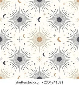 Hand drawn seamless pattern of Sun, Moon, sunburst, stars. Mystical celestial bursting sun rays vector. Magic space galaxy sketch illustration for greeting card, wallpaper, wrapping paper, fabric