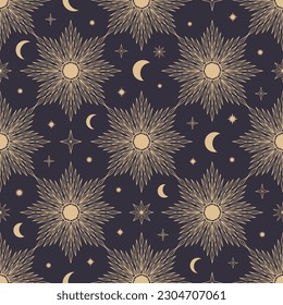 Hand drawn seamless pattern of Sun, Moon, sunburst, stars. Mystical celestial bursting sun rays vector. Magic space galaxy sketch illustration for greeting card, wallpaper, wrapping paper, fabric