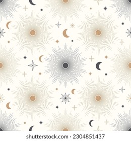 Hand drawn seamless pattern of Sun, Moon, sunburst, stars. Mystical celestial bursting sun rays vector. Magic space galaxy sketch illustration for greeting card, wallpaper, wrapping paper, fabric