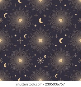 Hand drawn seamless pattern of Sun, Moon, sunburst, stars. Mystical celestial bursting sun rays vector. Magic space galaxy sketch illustration for greeting card, wallpaper, wrapping paper, fabric