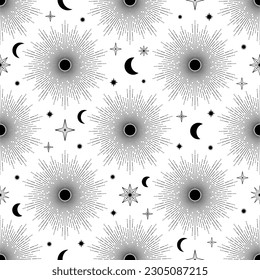 Hand drawn seamless pattern of Sun, Moon, sunburst, stars. Mystical celestial bursting sun rays vector. Magic space galaxy sketch illustration for greeting card, wallpaper, wrapping paper, fabric