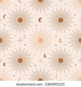 Hand drawn seamless pattern of Sun, Moon, sunburst, stars. Mystical celestial bursting sun rays vector. Magic space galaxy sketch illustration for greeting card, wallpaper, wrapping paper, fabric