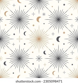 Hand drawn seamless pattern of Sun, Moon, sunburst, stars. Mystical celestial bursting sun rays vector. Magic space galaxy sketch illustration for greeting card, wallpaper, wrapping paper, fabric