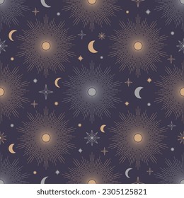 Hand drawn seamless pattern of Sun, Moon, sunburst, stars. Mystical celestial bursting sun rays vector. Magic space galaxy sketch illustration for greeting card, wallpaper, wrapping paper, fabric