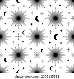 Hand drawn seamless pattern of Sun, Moon, sunburst, stars. Mystical celestial bursting sun rays vector. Magic space galaxy sketch illustration for greeting card, wallpaper, wrapping paper, fabric