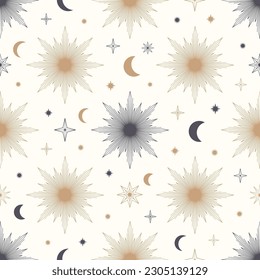 Hand drawn seamless pattern of Sun, Moon, sunburst, stars. Mystical celestial bursting sun rays vector. Magic space galaxy sketch illustration for greeting card, wallpaper, wrapping paper, fabric