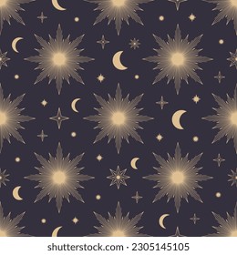 Hand drawn seamless pattern of Sun, Moon, sunburst, stars. Mystical celestial bursting sun rays vector. Magic space galaxy sketch illustration for greeting card, wallpaper, wrapping paper, fabric