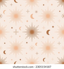 Hand drawn seamless pattern of Sun, Moon, sunburst, stars. Mystical celestial bursting sun rays vector. Magic space galaxy sketch illustration for greeting card, wallpaper, wrapping paper, fabric