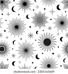 Hand drawn seamless pattern of Sun, Moon, sunburst, stars. Mystical celestial bursting sun rays vector. Magic space galaxy sketch illustration for greeting card, wallpaper, wrapping paper, fabric