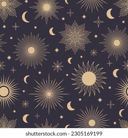 Hand drawn seamless pattern of Sun, Moon, sunburst, stars. Mystical celestial bursting sun rays vector. Magic space galaxy sketch illustration for greeting card, wallpaper, wrapping paper, fabric