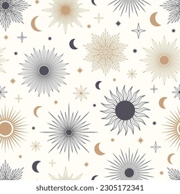 Hand drawn seamless pattern of Sun, Moon, sunburst, stars. Mystical celestial bursting sun rays vector. Magic space galaxy sketch illustration for greeting card, wallpaper, wrapping paper, fabric