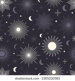 Hand drawn seamless pattern of Sun, Moon, sunburst, stars. Mystical celestial bursting sun rays vector. Magic space galaxy sketch illustration for greeting card, wallpaper, wrapping paper, fabric