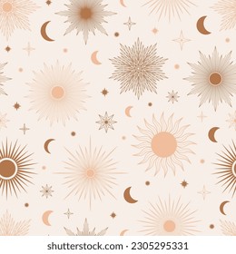 Hand drawn seamless pattern of Sun, Moon, sunburst, stars. Mystical celestial bursting sun rays vector. Magic space galaxy sketch illustration for greeting card, wallpaper, wrapping paper, fabric