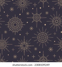Hand drawn seamless pattern of Sun and stars. Mystical celestial bursting sun rays, circle vector talisman. Magic space galaxy sketch illustration for greeting card, wallpaper, wrapping paper, fabric