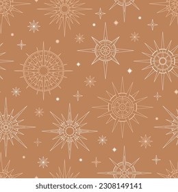 Hand drawn seamless pattern of Sun and stars. Mystical celestial bursting sun rays, circle vector talisman. Magic space galaxy sketch illustration for greeting card, wallpaper, wrapping paper, fabric