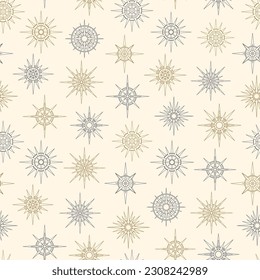 Hand drawn seamless pattern of Sun and stars. Mystical celestial bursting sun rays, circle vector talisman. Magic space galaxy sketch illustration for greeting card, wallpaper, wrapping paper, fabric