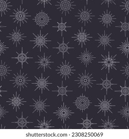 Hand drawn seamless pattern of Sun and stars. Mystical celestial bursting sun rays, circle vector talisman. Magic space galaxy sketch illustration for greeting card, wallpaper, wrapping paper, fabric