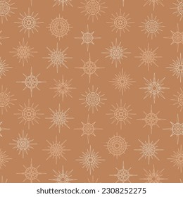 Hand drawn seamless pattern of Sun and stars. Mystical celestial bursting sun rays, circle vector talisman. Magic space galaxy sketch illustration for greeting card, wallpaper, wrapping paper, fabric