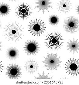 Hand drawn seamless pattern of Sun, sunburst, starburst, light rays, bursting sun rays. Magic talisman, antique style, boho. Vector illustration for greeting card, wallpaper, wrapping paper, fabric