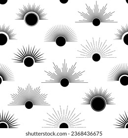Hand drawn seamless pattern of sunburst, starburst, light rays, bursting sun rays. Magic talisman, antique style, boho. Vector illustration for greeting card, wallpaper, wrapping paper, fabric