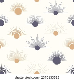Hand drawn seamless pattern of sunburst, starburst, light rays, bursting sun rays. Magic talisman, antique style, boho. Vector illustration for greeting card, wallpaper, wrapping paper, fabric
