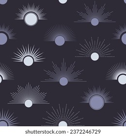 Hand drawn seamless pattern of sunburst, starburst, light rays, bursting sun rays. Magic talisman, antique style, boho. Vector illustration for greeting card, wallpaper, wrapping paper, fabric