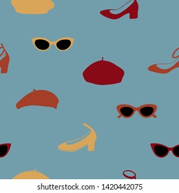 Hand drawn seamless pattern with sunglasses, shoes and berets on blue green background. Great for fabric pattern, wrapping paper, packaging, apparel design and more.