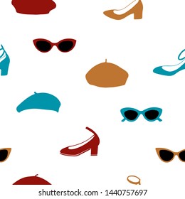 Hand drawn seamless pattern with sunglasses, shoes and berets. Great for fabric pattern, wrapping paper, packaging, apparel design and more.