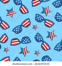 Hand drawn seamless pattern of sunglasses and stars in American flag theme, celebrating 4th of July, veteran day, national memorial day