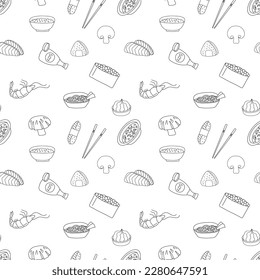 Hand drawn seamless pattern sushi, rolls.