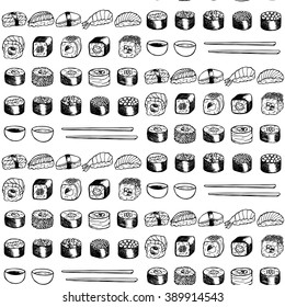 Hand drawn seamless pattern with sushi elements