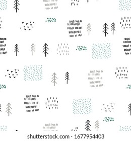 Hand drawn seamless pattern with swamp, field and forest. Childish texture. Great for fabric, textile. Cute vector Illustration.