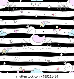 Hand drawn seamless pattern with swan. vector illustration.