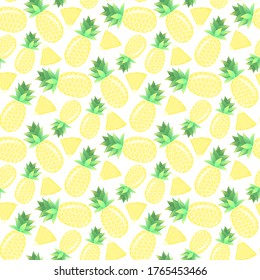 Hand drawn seamless pattern of sweet tropical fruit. Pineapples and pineapple slices. Healthy eating. Cute colorful doodle sketch illustration for greeting card, invitation, wallpaper, wrapping paper