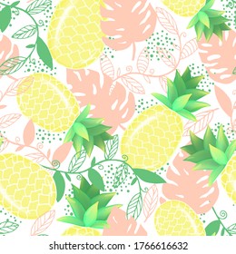 Hand drawn seamless pattern of sweet tropical fruit. Pineapples, palm leaves. Healthy eating, botany. Cute colorful doodle sketch illustration for greeting card, invitation, wallpaper, wrapping paper