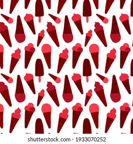Hand drawn seamless pattern with sweet cute ice cream. Dark red cones and fruit clored top. Tasty delicious desert. Vector iilustration
