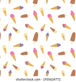 Patrón sin costuras dibujado a mano con helado lindo y dulce. Conos de color marrón o beige y trozos de frutal. Un delicioso desierto. Ilustración vectorial
