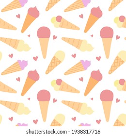 Hand drawn seamless pattern with sweet cute ice cream. Brown or beige cones and fruit clored top. Tasty delicious desert. Vector iilustration