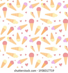 Hand drawn seamless pattern with sweet cute ice cream. Brown or beige cones and fruit clored top. Tasty delicious desert. Vector iilustration