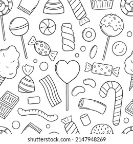 Hand drawn seamless pattern of sweets and candies doodle. Lollipop, caramel, chocolate, marshmallow in sketch style.  Vector illustration.