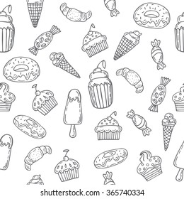 Hand drawn seamless pattern with sweets, cupcakes, bakery, cakes and desserts. Sweet desserts background. Vector illustration