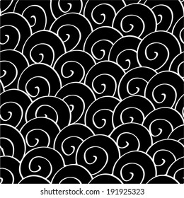 Hand drawn seamless pattern of swirls.