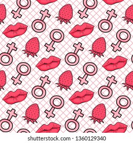 Hand drawn Seamless pattern symbol female. Comic style. Kiss lips and strawberry. Vector surface design isolated on white background