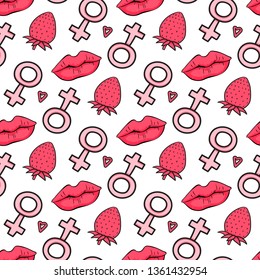 Hand drawn Seamless pattern symbol female. Comic style. Kiss lips and strawberry. Vector surface design isolated on white background