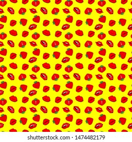 Hand drawn Seamless pattern symbol female. Comic style. Kiss lips and strawberry. Vector surface design isolated