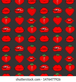 Hand drawn Seamless pattern symbol female. Comic style. Kiss lips and strawberry. Vector surface design isolated on grey background