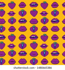Hand drawn Seamless pattern symbol female. Comic style. Kiss lips and strawberry. Vector surface design isolated on yellow background