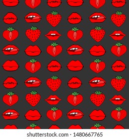 Hand drawn Seamless pattern symbol female. Comic style. Kiss lips and strawberry. Vector surface design isolated
